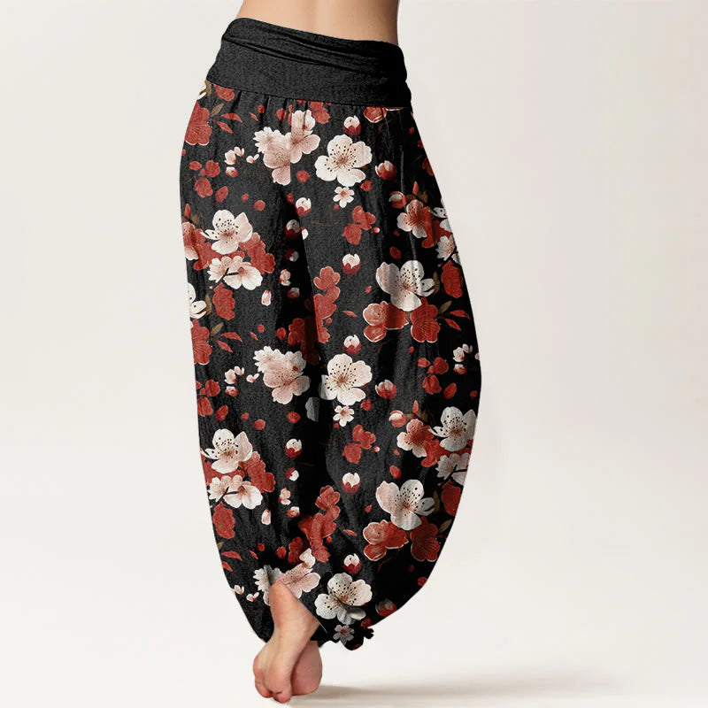 Buddha Stones Cotton Pink Red Peach Blossoms Design Women's Elastic Waist Harem Pants