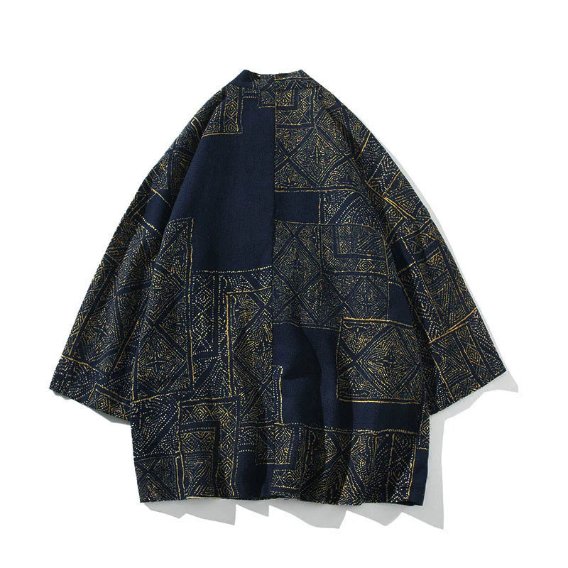 Buddha Stones Geometry Floral Stripes Butterfly Ink Open Front Half Sleeve Jacket Cotton Men's Kimono