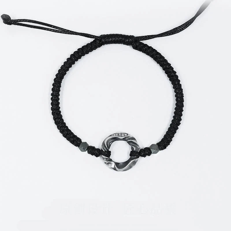 Buddha Stones 999 Sterling Silver Peace Buckle Black Wax Rope Protection Bracelet