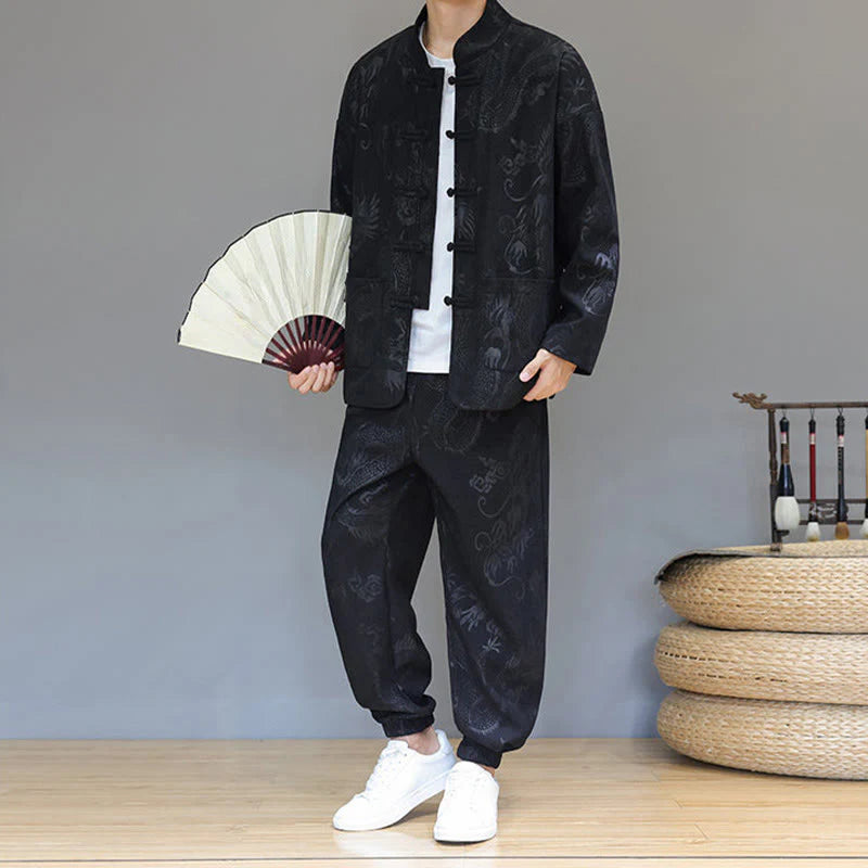 Buddha Stones 2Pcs Fall Winter Men's Tang Suit Dragon Frog-Button Cotton Corduroy Long Sleeve Jacket Pants Set With Pockets
