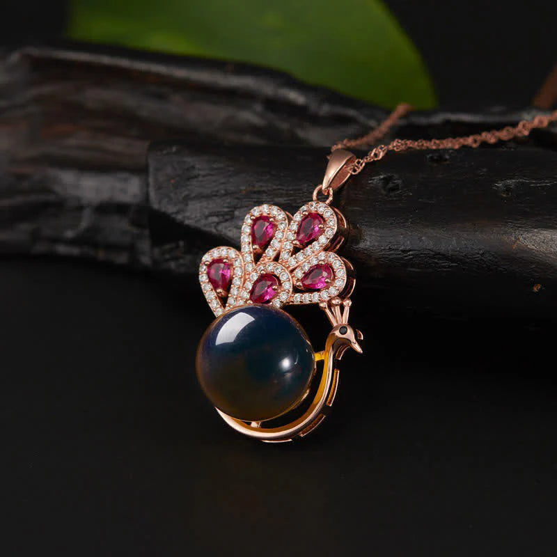 Buddha Stones Peacock Amber Fortune Love Necklace Pendant Ring