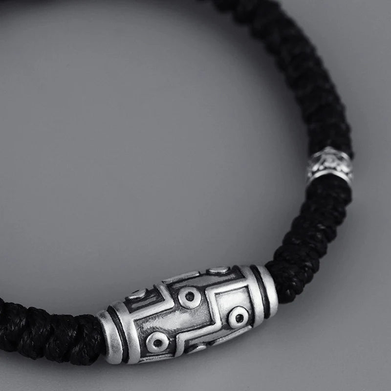 Buddha Stones 999 Sterling Silver Nine-Eye Dzi Bead Pattern Blessing Rope Bracelet