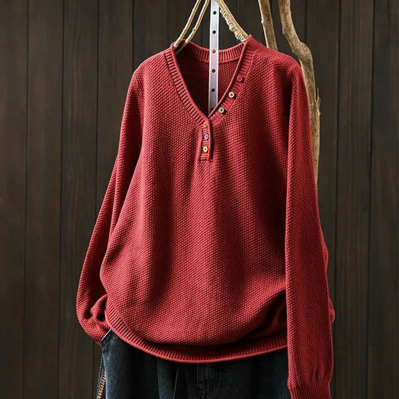 Buddha Stones Fall Colorful Buttons V-Neck Cotton Women's Long Sleeve Knitted Sweater
