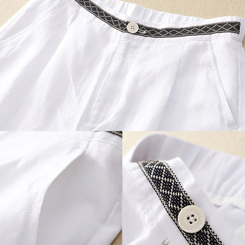 Buddha Stones Summer Plain Color 7-8 Length Cotton Linen Women's Wide Leg Pants With Pockets Zipper