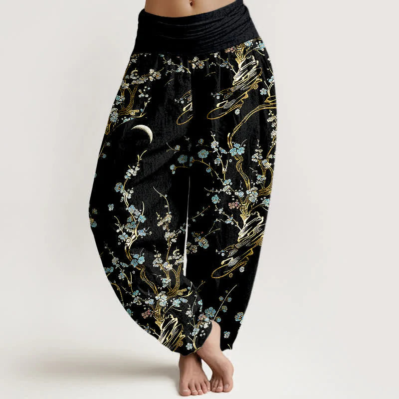 Buddha Stones Pure Cotton Plum Blossom Branches Elastic Waist Women's Harem Pants