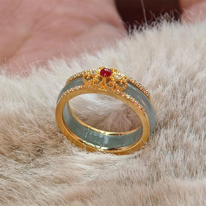 Buddha Stones Gold-Plated Copper Glass Flower Wealth Ring