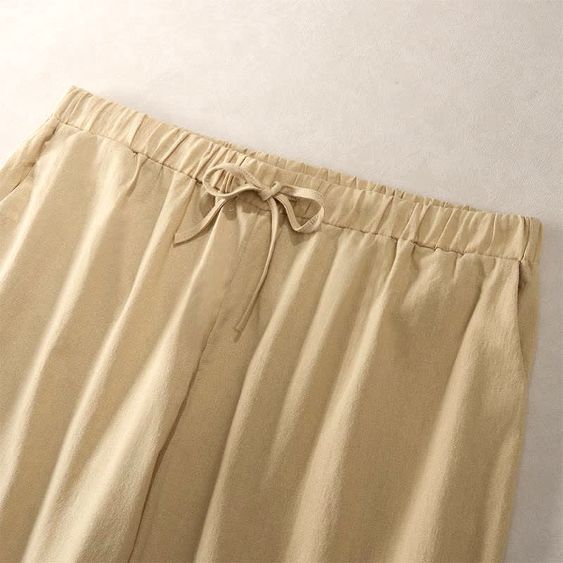 Buddha Stones Summer Lace-trimmed Hem Solid Color Women's Tapered Pants With Pockets