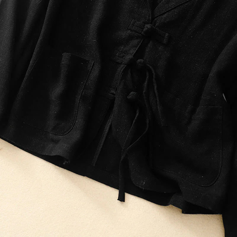 Buddha Stones Women's Cotton Linen Frog-Button Long Sleeve Jacket With Pockets