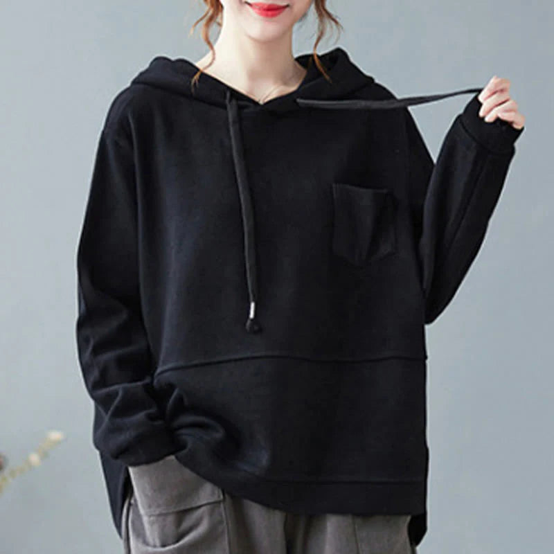 Buddha Stones Fall Solid Color Decorative Pocket Cotton Long Sleeve Women's Hoodie