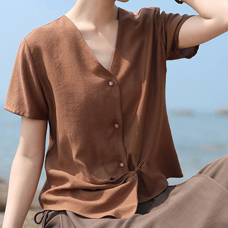 Buddha Stones Button Irregular Design V-Neck Cotton Linen Women's Short Sleeve Shirt