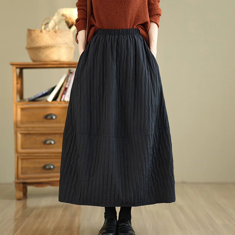 Buddha Stones Plain Pleats Design Elastic Waist Women's Thermal Skirt With Pockets