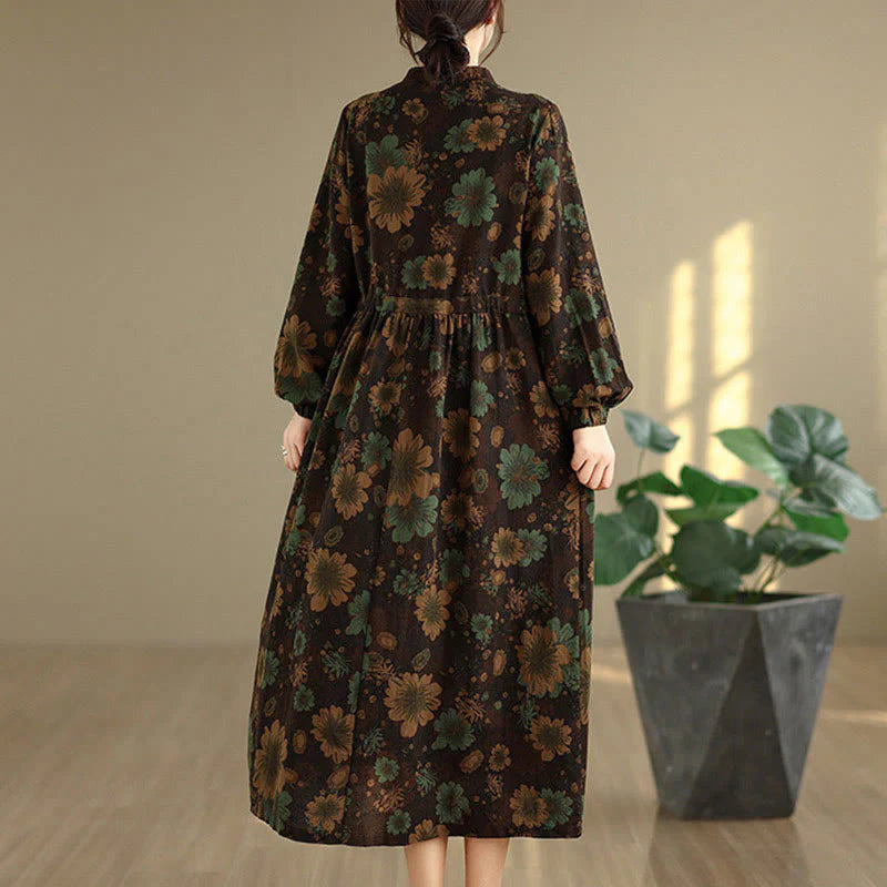 Buddha Stones Flower Pattern Long Sleeve Cotton Midi Dress With Pockets