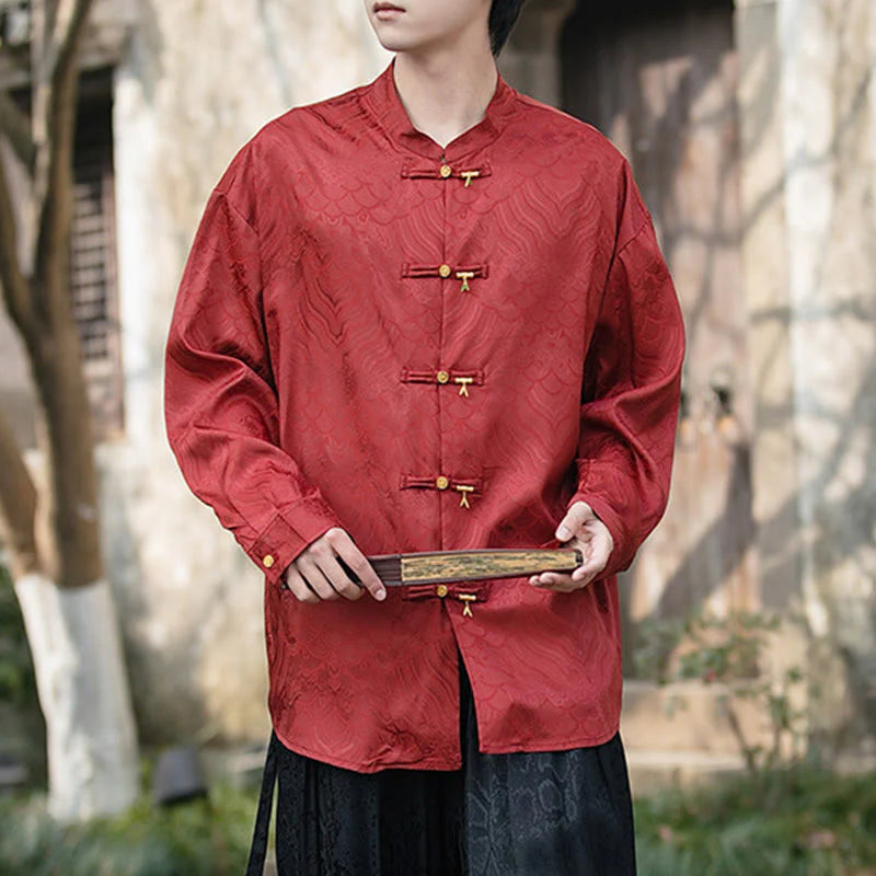 Buddha Stones Chinese Frog-Button Bamboo Shape Design Stand Collar Men's Long Sleeve Shirt