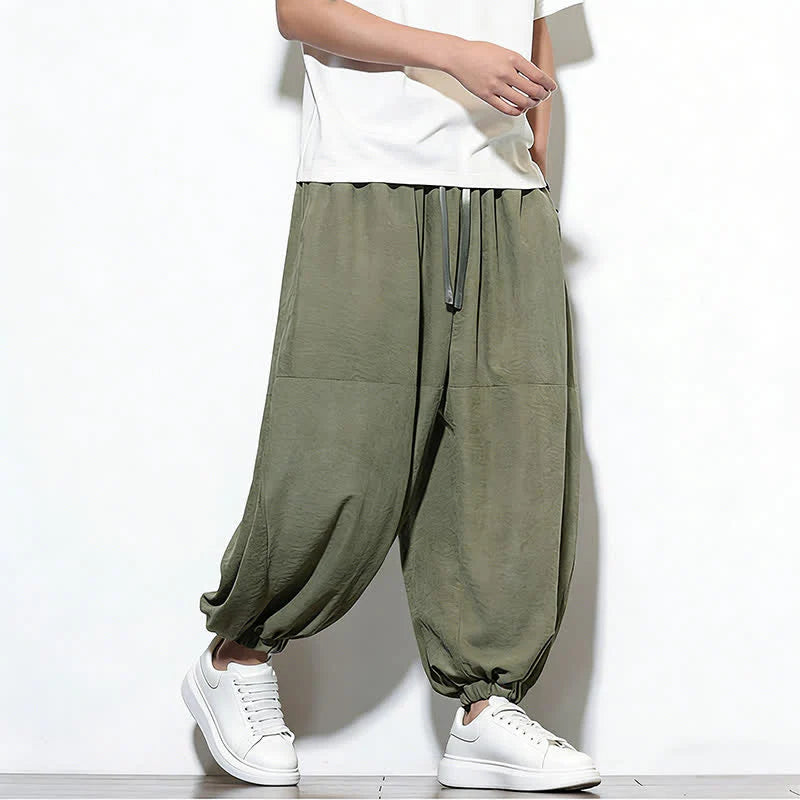 Buddha Stones Spring Solid Color Drawstring Cropped Men's Harem Cotton Pants With Pockets