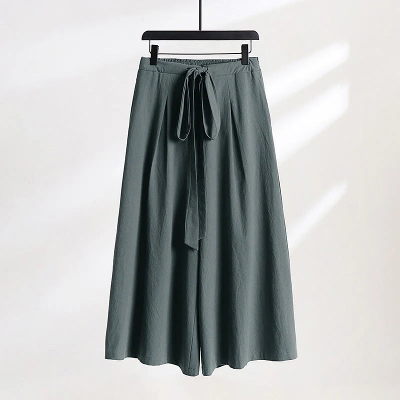 Buddha Stones Plain Lace-up Drawstring Design Men's Ankle-Length Cotton Linen Wide Leg Pants With Pockets
