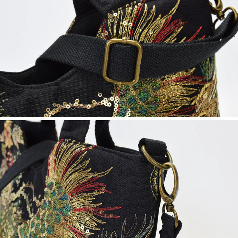 Buddha Stones Peacock Double-sided Embroidery Tote Bag Shoulder Bag Crossbody Bag