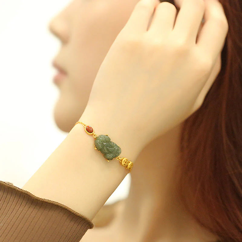 Buddha Stones Cyan Jade PiXiu Copper Coin Red Agate Success Chain Bracelet