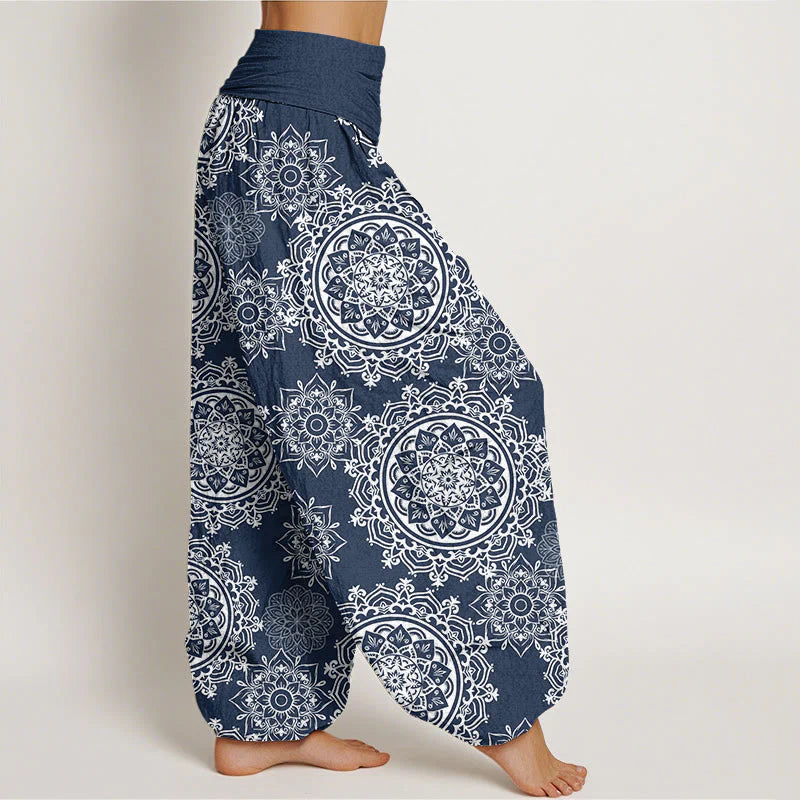 Buddha Stones Cotton Casual White Mandala Flower Design Women's Elastic Waist Harem Pants