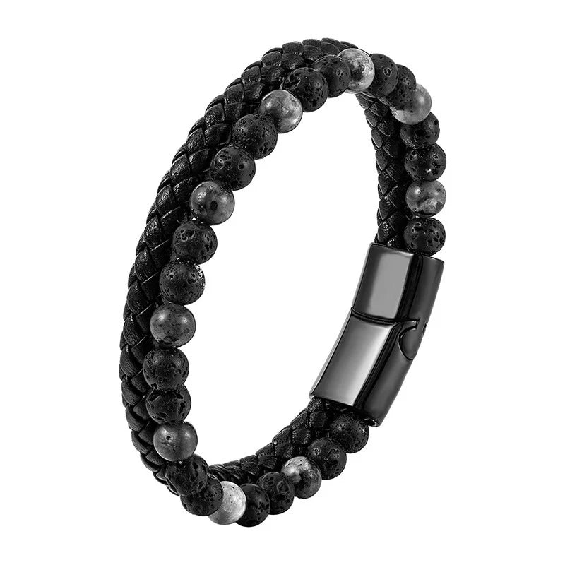 Buddha Stones Lava Rock Titanium Steel Calm Leather Bracelet