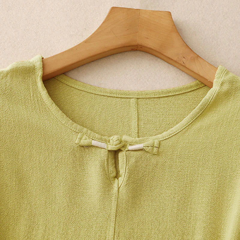 Buddha Stones Colorblock Side Slit  Frog-Button Cotton Linen Half Sleeve Women's Shirt With Pockets