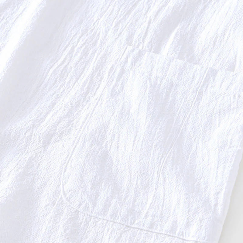 Buddha Stones Vintage Plain Simple Design Men's Short Sleeve Cotton Linen Shirt Clothing With Pockets