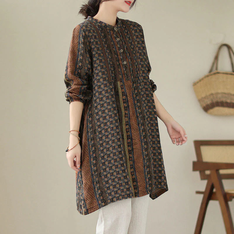Buddha Stones Retro Printed Floral Women's Accordion Pleats Design Long Sleeve Shirt With Pockets