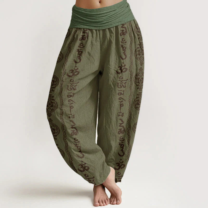Buddha Stones Pure Cotton Mandala Om Mani Padme Hum Women's Elastic Waist Harem Pants