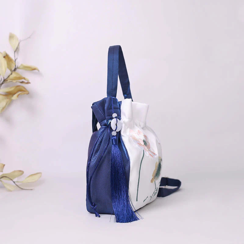 Buddha Stones Embroidered Lotus Koi Fish Crane Camellia Cotton Linen Tote Crossbody Bag Shoulder Bag Handbag