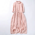 Buddha Stones Fall Embroidery Button Design Cotton Linen Long Sleeve Midi Dress With Pockets