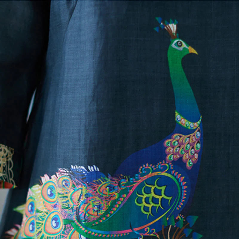 Buddha Stones Fall Colorful Peacocks Mandala Frog-Button Three Quarter Sleeve Cotton Women's Midi Dress