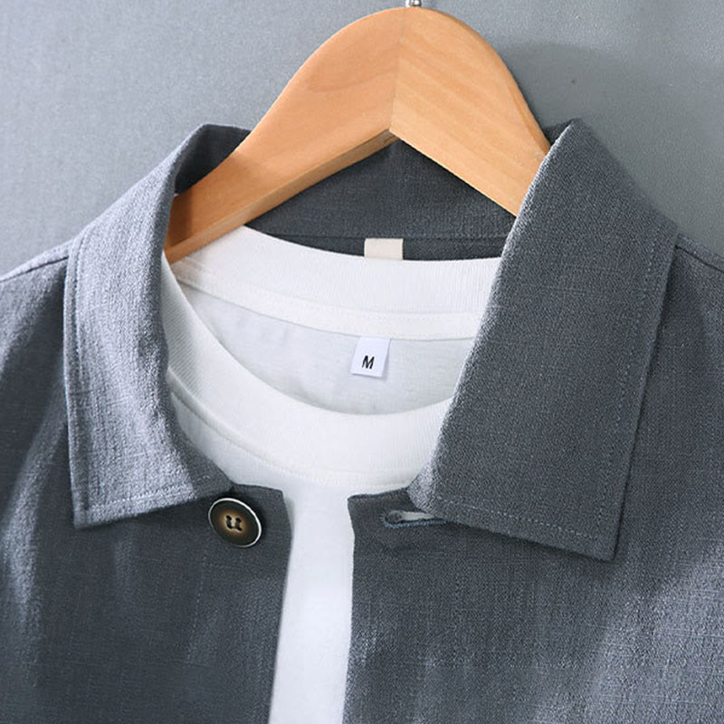 Buddha Stones Commute Plain Long Sleeve Button Lapel  Design Men's Ramie Linen Jacket With Pockets
