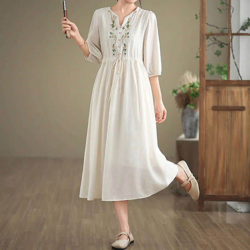 Buddha Stones Spring Floral Embroidery V Neck Tie Waist Elbow-Length Sleeve Women's Dress With Pockets