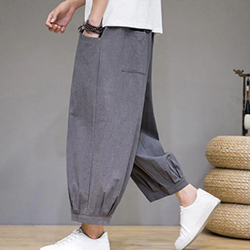 Buddha Stones Simple Cotton Men's Cropped Capri Harem Pants With Pockets