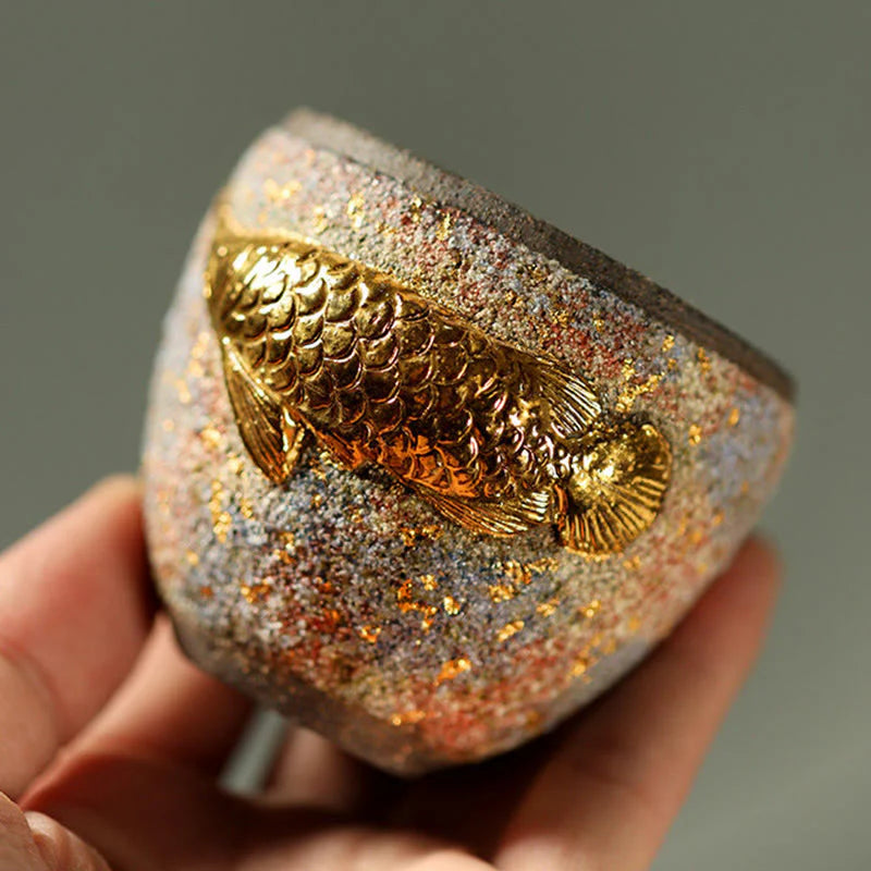Buddha Stones Golden Arowana Koi Fish Ceramic Teacup Kung Fu Tea Cup