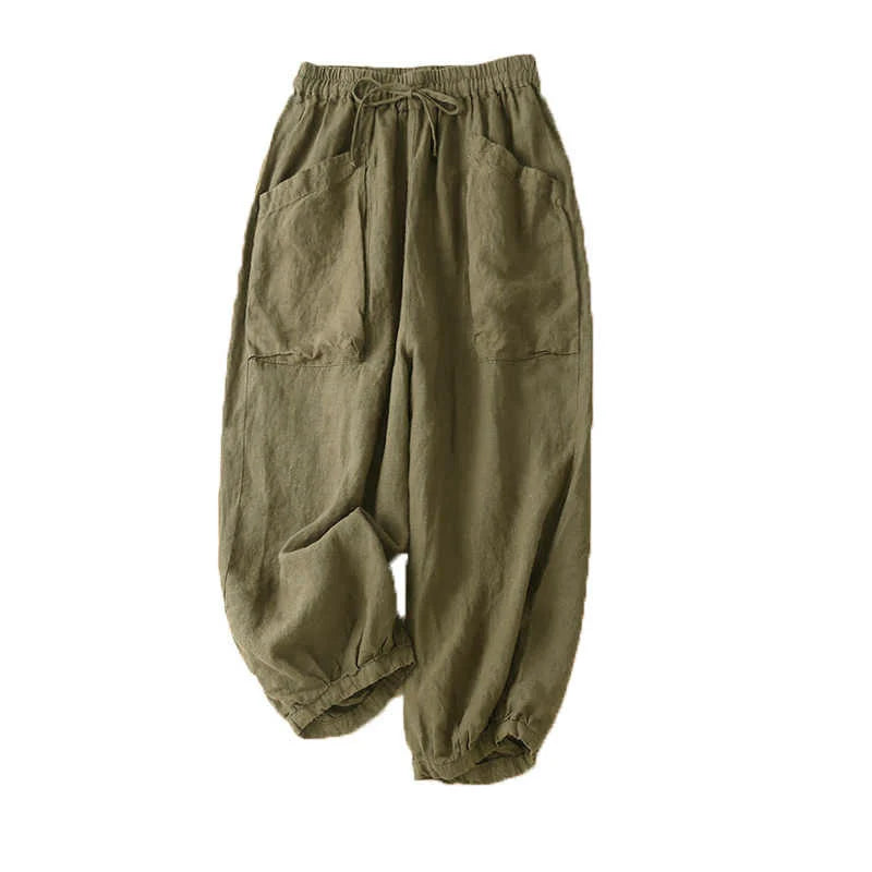 Buddha Stones Commute Women's Plain Harem Capri Cotton Pants With Pockets