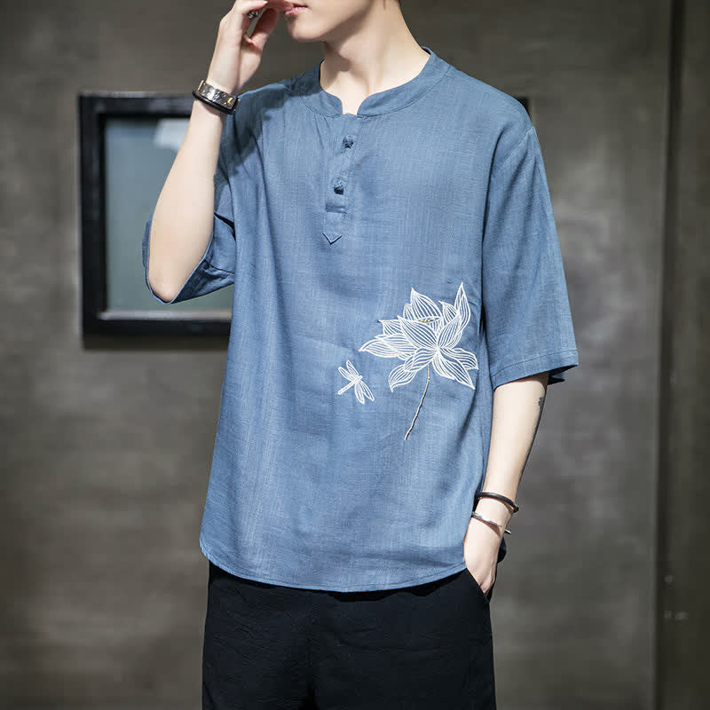 Buddha Stones Summer Embroidered Lotus Dragonfly Pattern Chinese Frog-Button Men's Short Sleeve T-shirt