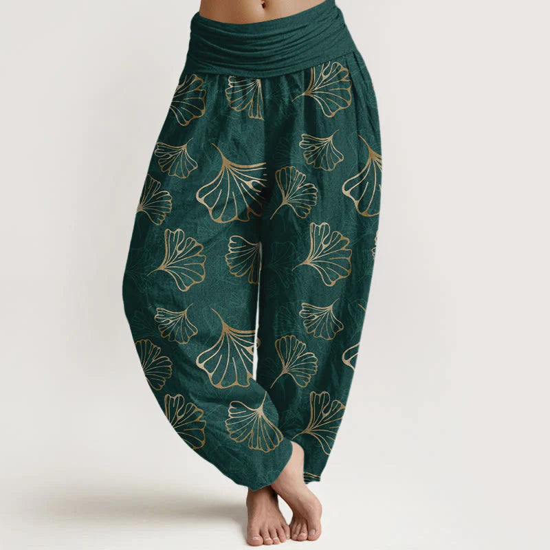 Buddha Stones Pure Cotton Minimalist Style Ginkgo Leaves Pattern Women's Elastic Waist Harem Pants