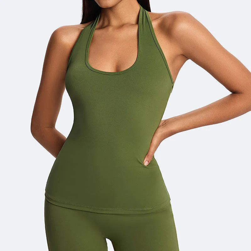 Buddha Stones Solid Crop Halter Backless Sleeveless Top Straight Leg Pants For Sports Fitness Yoga