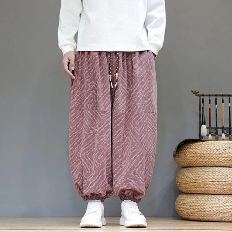 Buddha Stones Fall Texture Drawstring Design Corduroy Cotton Linen Men's Harem Pants With Pockets
