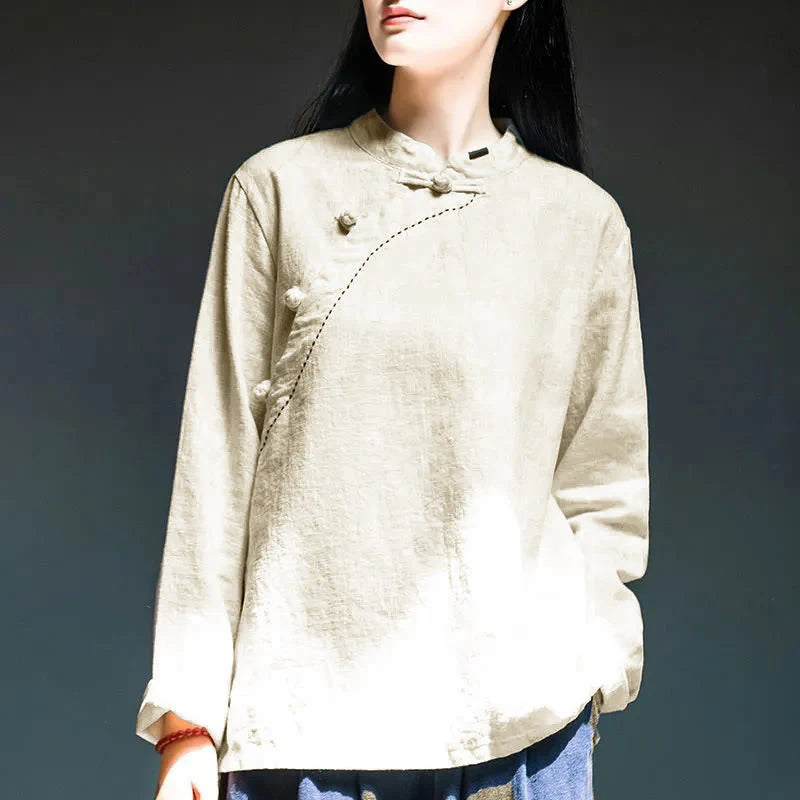 Buddha Stones Oblique Collar Knot button Loose Linen Clothing