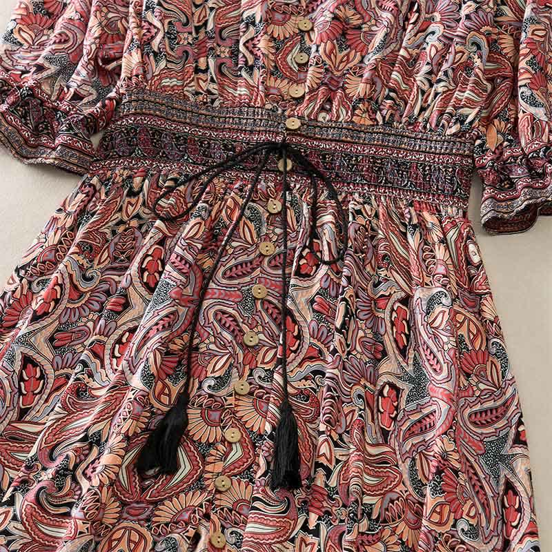 Buddha Stones Summer Peacock Paisley Tie Waist Viscose Lantern Sleeves Maxi Dress