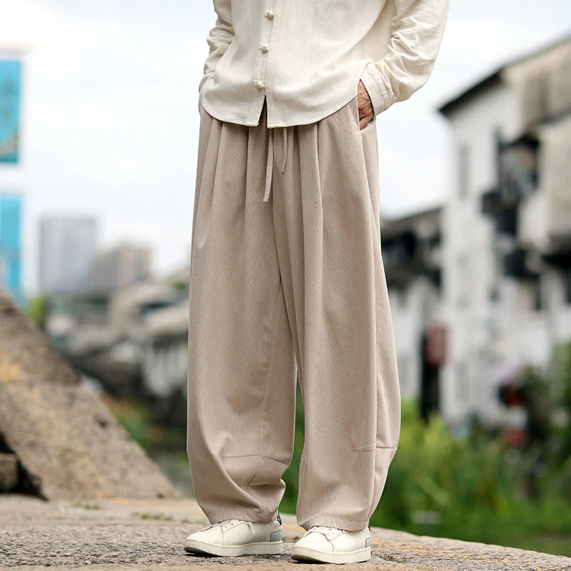 Buddha Stones Fall Solid Elastic Waist Drawstring Men's Harem Pants With Pockets