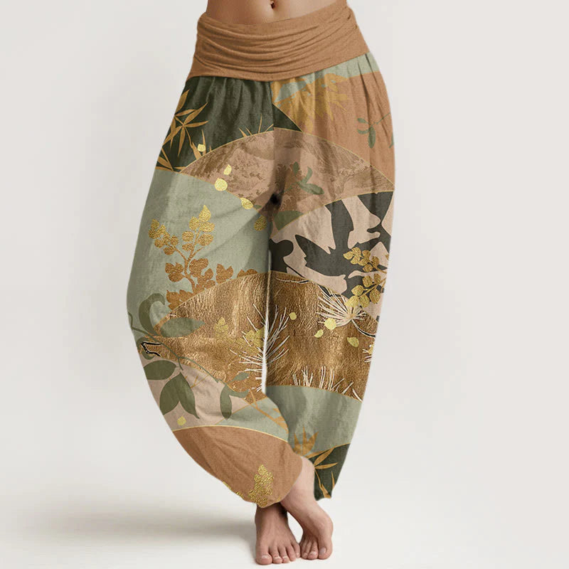 Buddha Stones Cotton Semicircle Leaves Pattern Women's Elastic Waist Harem Pants