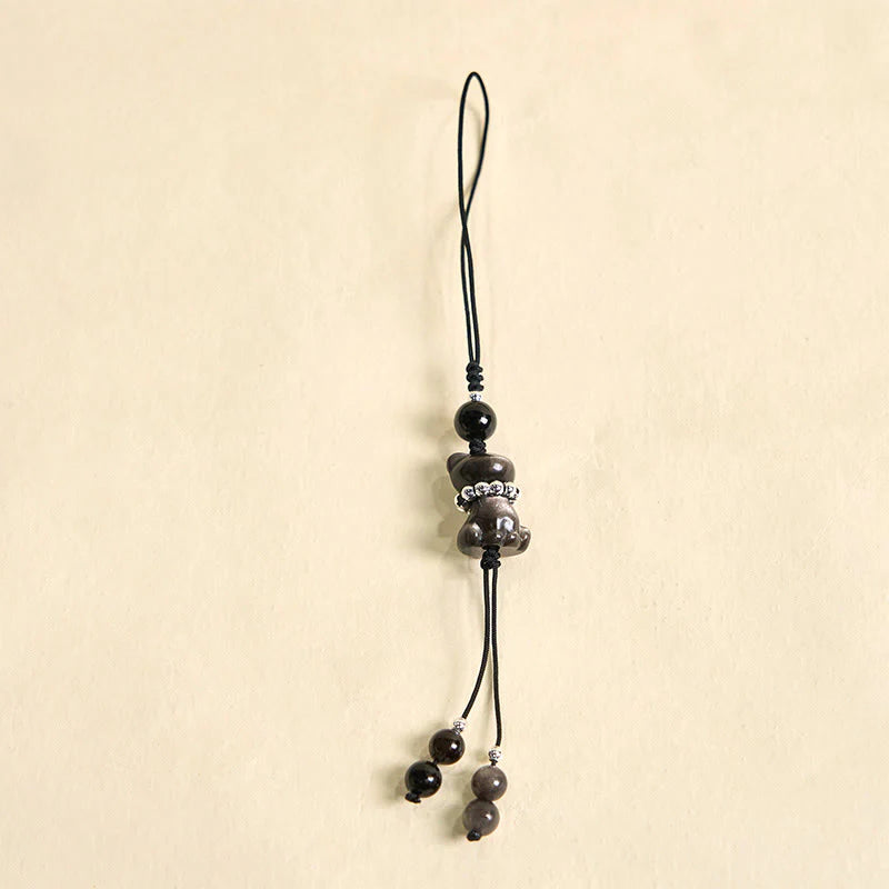 Buddha Stone Natural Silver Sheen Obsidian Noble Kitten Cat Soothing Phone Hanging Decoration