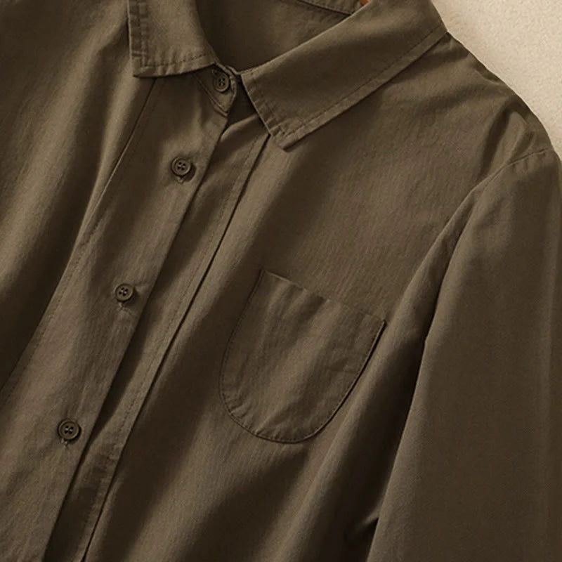 Buddha Stones Spring Lapel Long Sleeve Plain Women's Cotton Buttons Shirt With Pockets