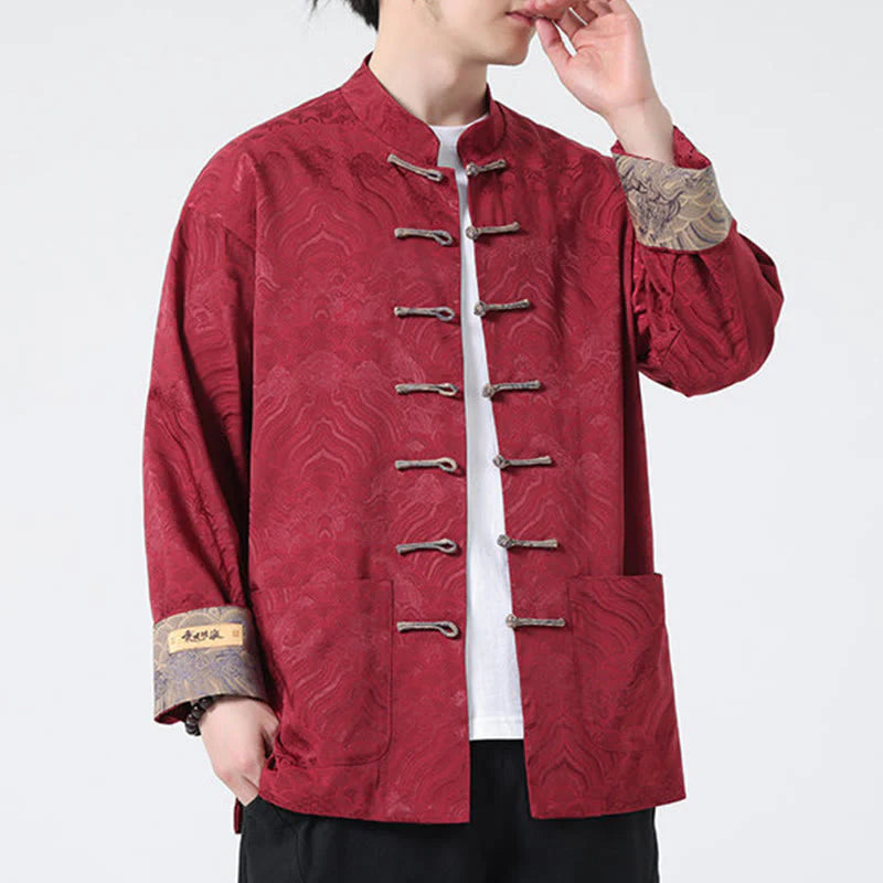 Buddha Stones Frog-Button Mountain Wave Pattern Long Sleeve Men's Cotton Jacket With Pockets