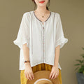 Buddha Stones Embroidery Buttons Crew Neck Flared Short Sleeve Women's Shirt