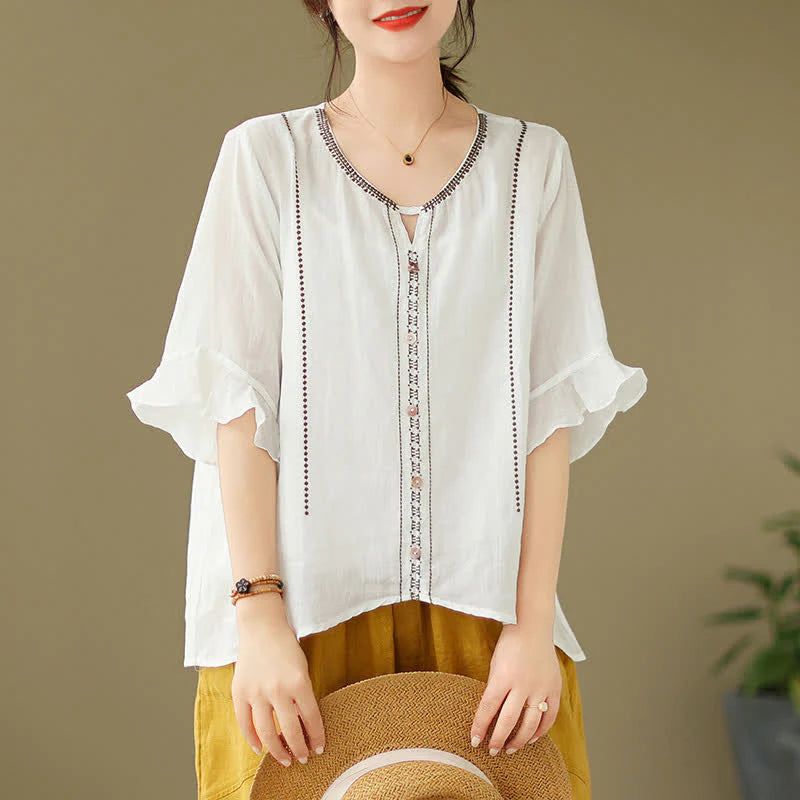 Buddha Stones Embroidery Buttons Crew Neck Flared Short Sleeve Women's Shirt