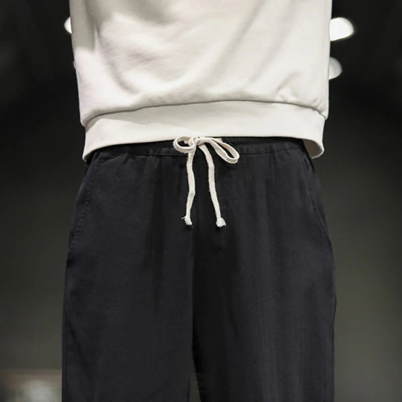 Buddha Stones Drawstring Elastic Waist Frog-Button Ankle-Length Men's Cotton Pants With Pockets