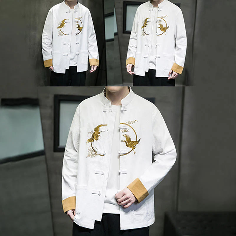 Buddha Stones Embroidery Cranes Pattern Frog-Button Men's Cotton Long Sleeve Jacket With Pockets